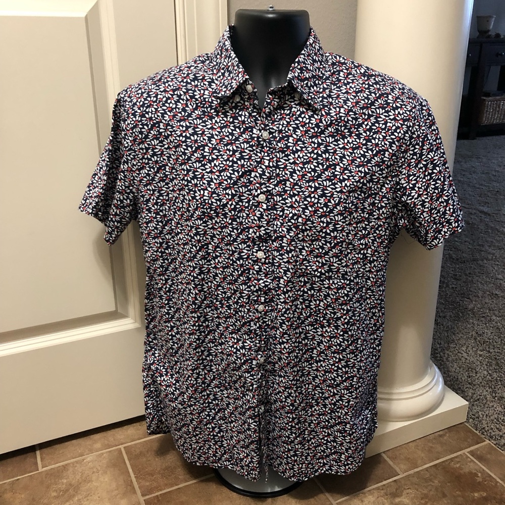 J. Crew Navy Short Sleeve Floral Dress Shirt with Red and White Accents